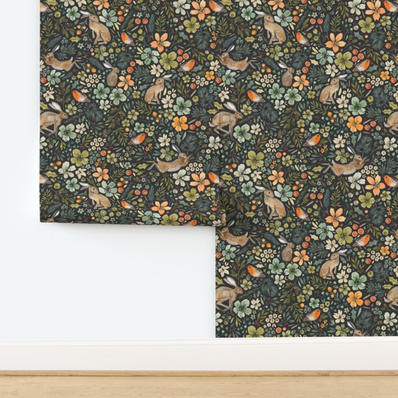 Watercolor Cottagecore Autumn Winter Hand Drawn Robin Orange Holly Leaves Floral Christmas Rabbit Hare Farmhouse Woodland Creatures Flowers Custom Removable Wallpaper by Spoonflower Peel & Stick Wallpaper 2FT Wide